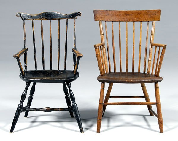 Two antique Windsor open armchairs: