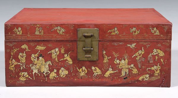 Chinese red leather trunk, - 2