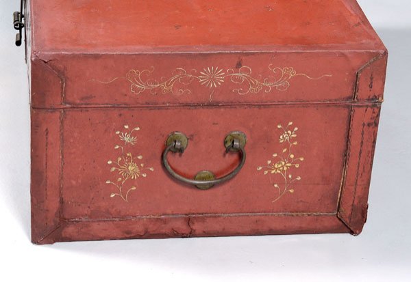 Chinese red leather trunk, - 6