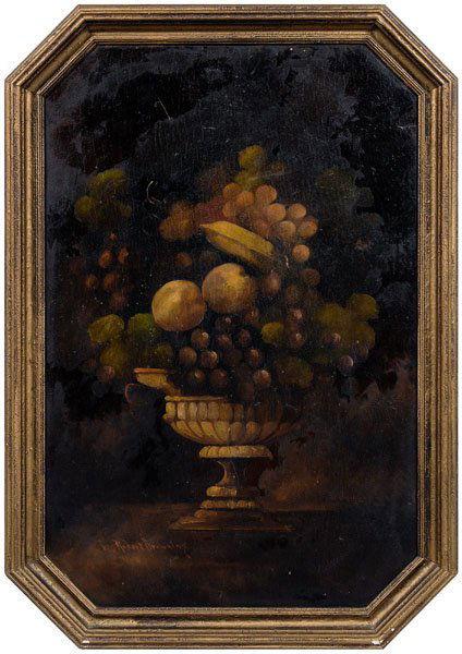 Charles Robert Browning painting,: still life, footed bowl with fruit, signed lower left "Chas. Robert Browning", oil on cardboard, 29-3/4 x 19-3/4 in.; original painted wood frame. Grime, retouch primarily in background affecting 10 p