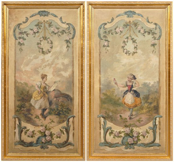 Pair of Charles Lutyens paintings: (Charles Augustus Henry Lutyens, British, 1829-1915): each with woman in a landscape within a decorative cartouche, signed lower right "Lutyens", oil on canvas, 44-1/2 x 21-5/8 in.; matching modern gi