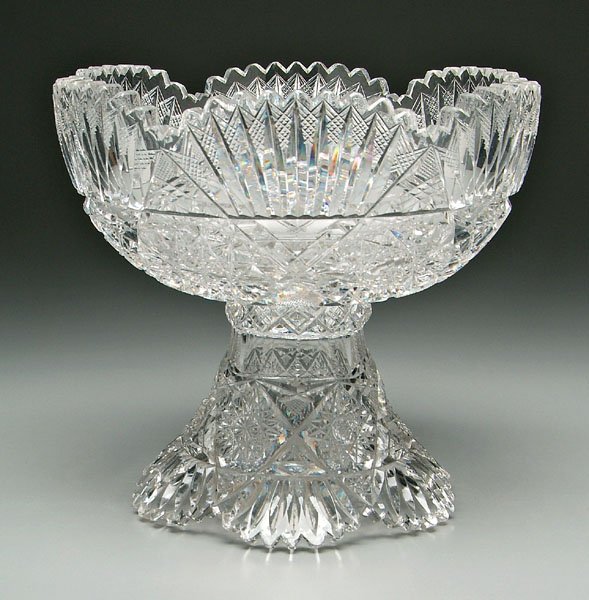 Cut glass punch bowl and base,