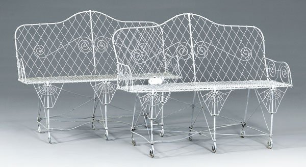Pair wirework garden benches