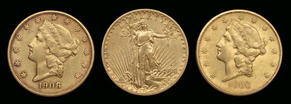 Three U.S. $20 gold coins