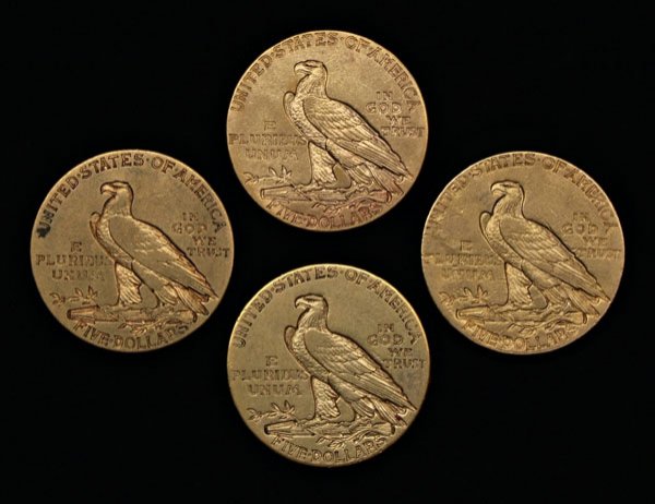 Four U.S. Indian $5 gold coins: - 2