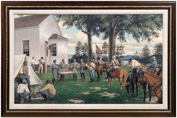 Civil War painting, John White: (Charlotte, North Carolina, 20th century), Jeb Stuart with his officers, signed lower right "J. White© '96", oil on canvas, 24-5/8 x 40 in.; gilt and stained wood frame. Good condition. Provenance: P