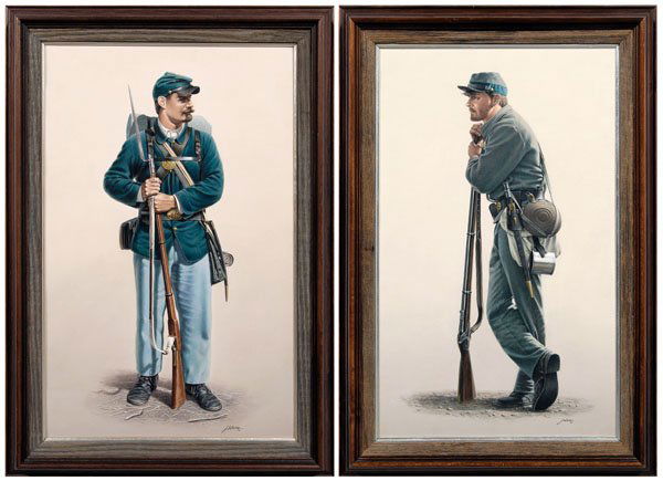 Pair John White Civil War paintings: (Charlotte, North Carolina, late 20th/early 21st century), Confederate infantryman, Union infantryman, both signed lower right "J. White '93", oil on canvas, 27 x 16-3/4 in.; matching wood reverse slo