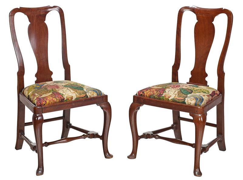Pair of Queen Anne Mahogany Side Chairs: British, 18th century, each mahogany frame with stretcher, set with modern printed upholstery, 37-1/2 in.Provenance: Private South Carolina Collection