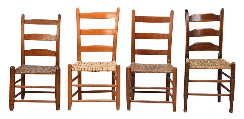 Collection of Four Tennessee Ladder Back Chairs: comprising three attributed to Poyner family chair makers, woven split seats; together with a rush seat example attributed to Williamson county, initials "LP"; tallest 36 in.Provenance: Property From 