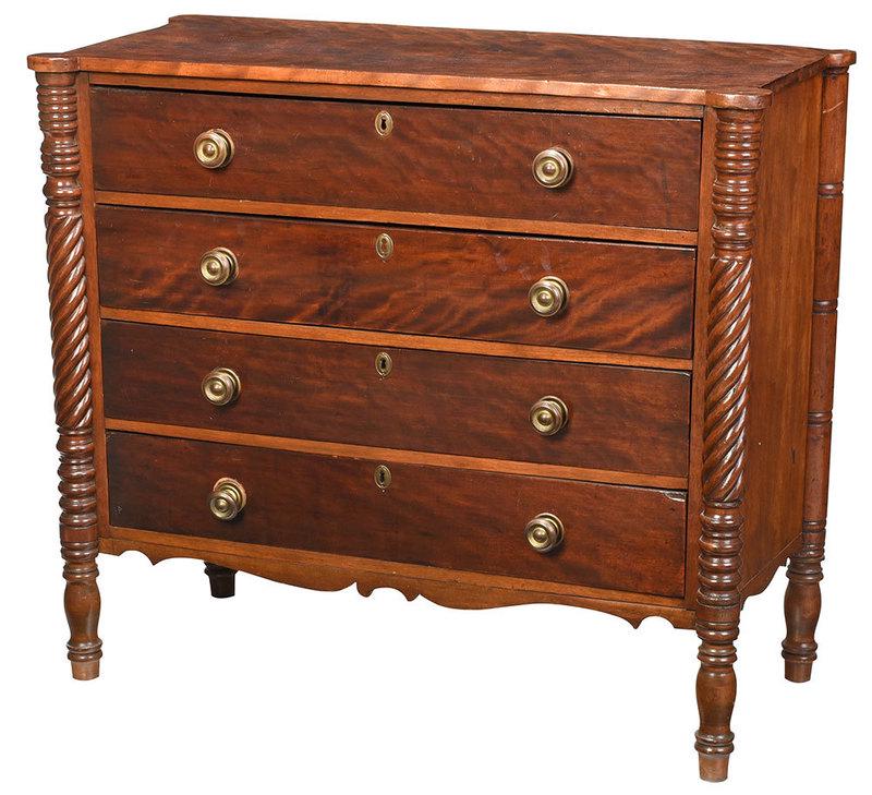 New England Late Federal Chest of Drawers: American,˜early 19th century, figured birch, biscuit corners with spiral turned posts, poplar and other mixed secondary woods, 38 x 43-1/2 x 20 in.Provenance: Private Virginia Collection