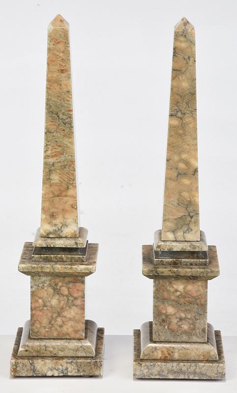 Pair of Marble Obelisks: Continental, 19th/20th century, of typical form, stepped square bases, veining throughout, 15-1/2 in.Provenance: Estate of William A. Little, Charlottesville, Virginia