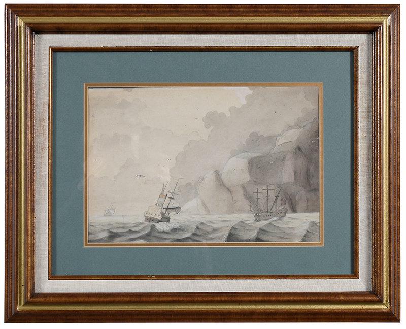 British School Maritime Scene: (19th century)Ships Near a Rocky Coast, unsigned, watercolor on paper, 8 x 12 in.; modern gilt wood frame, 16-1/2 x 20-5/8 in.Provenance: Estate of William A. Little, Charlottesville, Virginia,