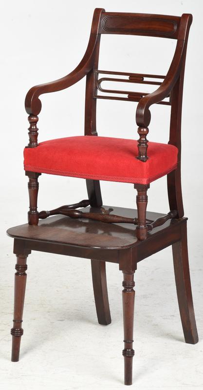 Regency Mahogany Convertible Step Stool: British, 19th century, mahogany throughout, in the form of a convertible child's chair, set on a mahogany stand, 38 in.Provenance: Property of Twin Oaks Plantation, Thomasville, Georgia