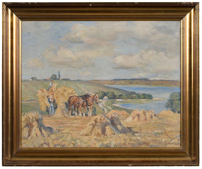 Borge Nyrop: (Danish, 1881-1948)Hay Harvest By the Sea, signed lower right "B. Nyrop", oil on canvas, 21-3/8 x 26-7/8 in.; original gilt wood frame,26-3/4 x 32-1/8 in.Provenance: Private Tennessee Collection