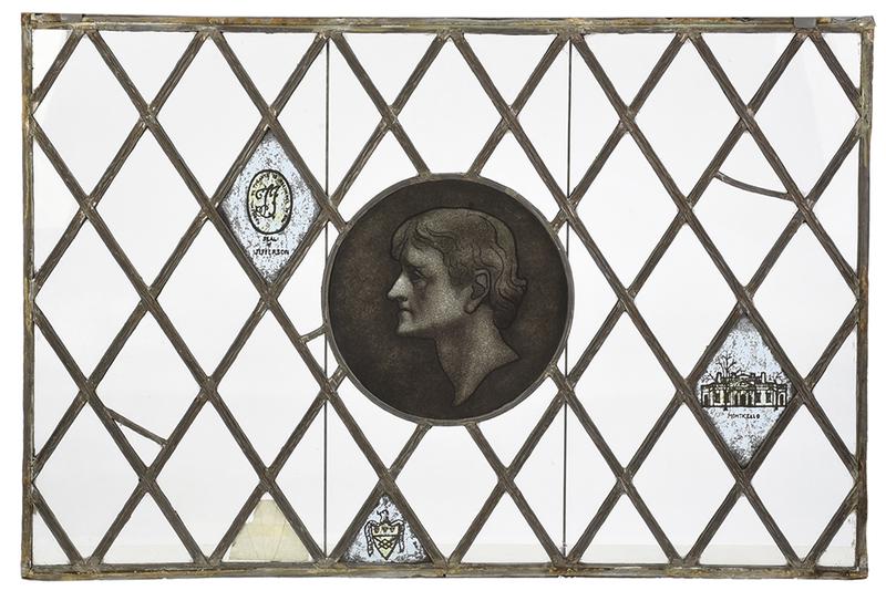 Leaded and Painted Window Depicting Jefferson: American, late 19th century, lead lattice frame with diamond shaped panes and central medallion depicting the profile of Thomas Jefferson, one pane depicts the seal of Jefferson with "TJ" cipher, one