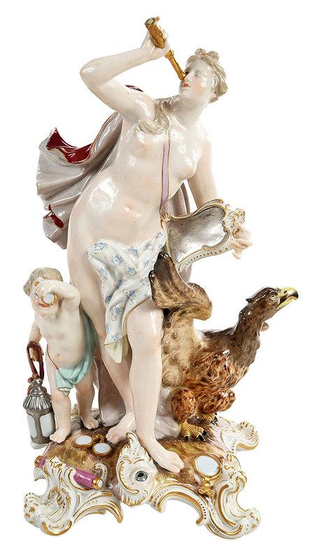 Meissen Figure Representing Sense of Sight: German, 19th century, woman with telescope flanked by bird and boy with magnifying glass, after the model by Johann Friedrich Eberlein, Meissen blue crossed swords mark to base, incised "1035" on base