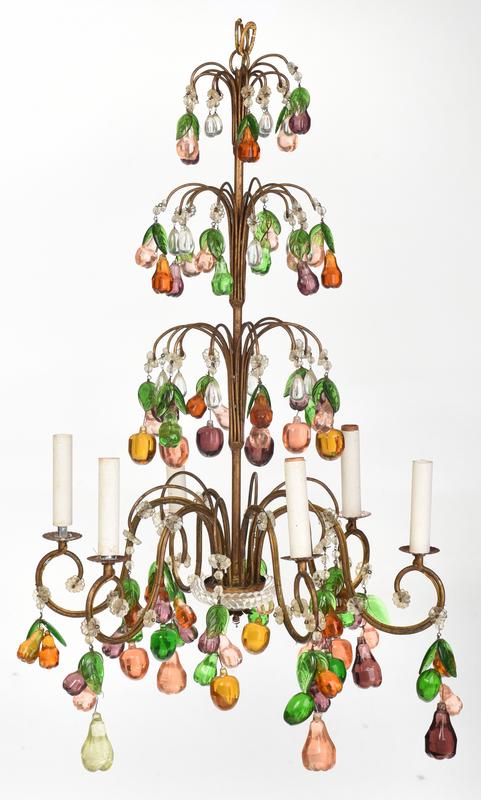 Venetian Style Fruit Decorated Chandelier: early 20th century, gilt scrolled iron frame, with three tiers of down scrolled arms, hung with colored and clear glass pendants and rosettes, over six scrolled candle arms with similar glass pendants