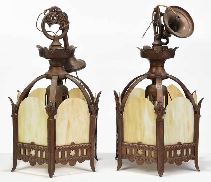 Pair of Gothic Style Slag Glass Hall Lanterns: American, 20th century, each with bronze finished metal frame in the Gothic taste, set with six large slag glass panels, one with ribbed clear glass interior shade, 27 in.