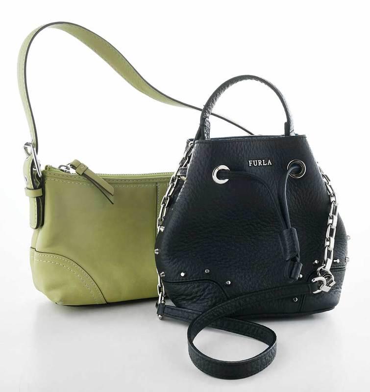 Furla and Coach Designer Leather Handbags: Furla drawstring shoulder handbag with metal studs and partial chain strap, interior compartment with embossed label, 7-1/2 x 7 in.; Coach lime green bag with adjustable strap and zipper top, interior