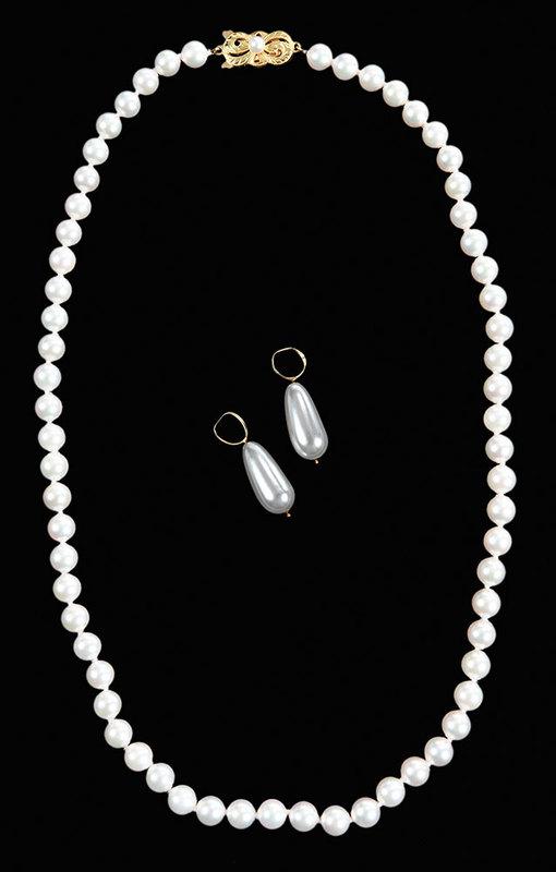 Mikimoto 18kt. Pearl Necklace & Faux Pearl Drops: ˜necklace, knotted, cultured pearls approx. 6 to 6.5mm each, clasp with one pearl approx. 3.75mm, stamped "M" in Mikimoto mark, "750", 18kt. yellow gold, 17-1/4 in., lg., 24.8 grams; white faux pearl