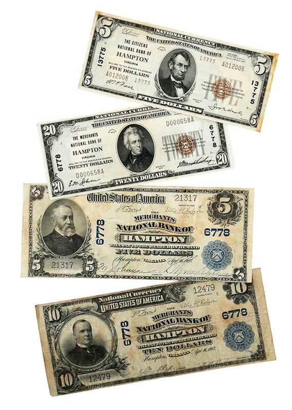 Group of Four Hampton, Virginia National Notes: small: $5 Citizens NB of Hampton (charter 13775); $20 Merchants NB of Hampton (charter 6778); large: $5 Merchants NB of Hampton (charter 6778); $10 Merchants NB of Hampton (charter 6778)Provenance: Es