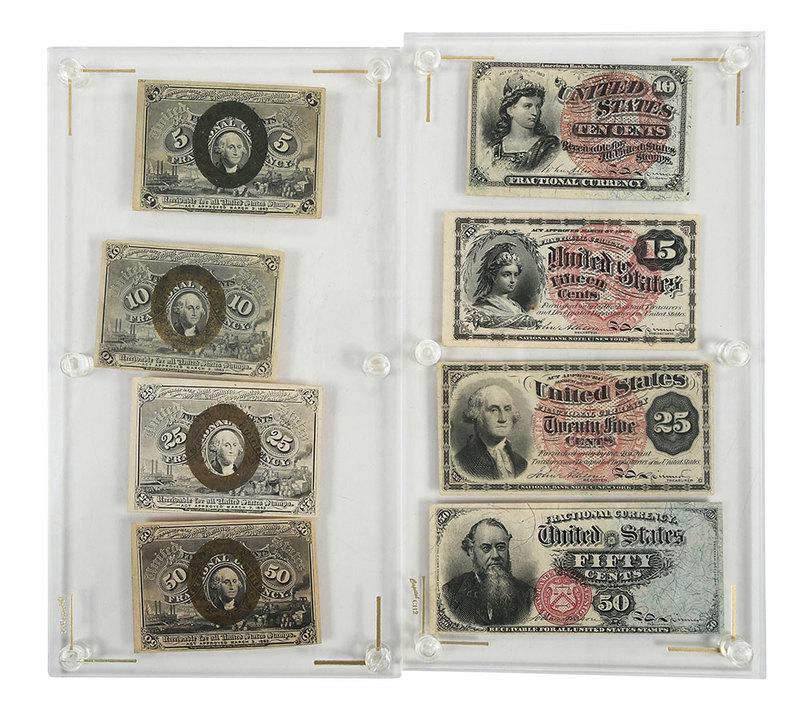 2nd and 4th Issues Fractional Currency: second issue denominations: 5 cent, 10 cent, 25 cent, 50 cent; fourth issue denominations: 10 cent, 15 cent, 25 cent, 50 cent˜Provenance: Private Collection