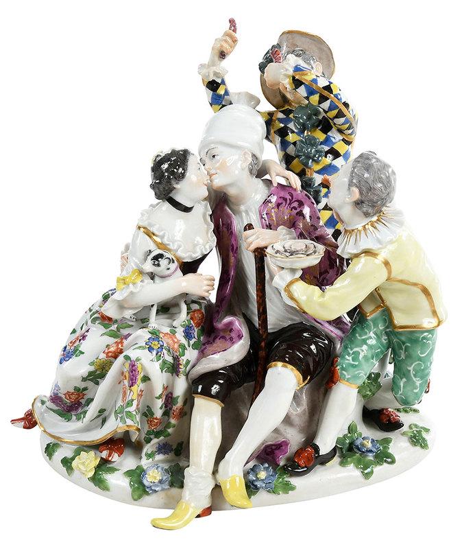 Meissen Figural Group, Mockery of Age: German, 19th century, older man and young woman surrounded by harlequins, after the model byÿJohann Joachim K„ndler, Meissen blue crossed swords mark to lower back edge, incised "163" and "85" on u