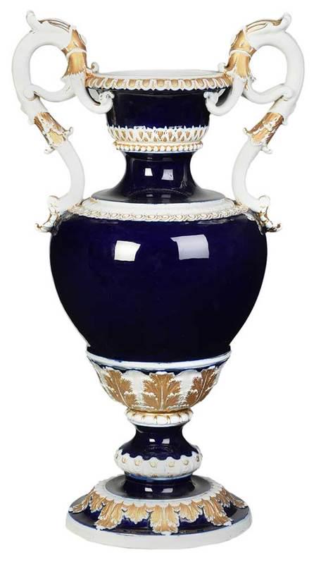 Large Meissen Cobalt Blue and Gilt Porcelain Urn: German, late 19th century, baluster form with acanthus leaf moldings and scroll handles,ÿwith underglaze blue crossed swords mark to base, 24-1/4 x 13-1/2 in.Provenance: Private Collection, Atlanta,