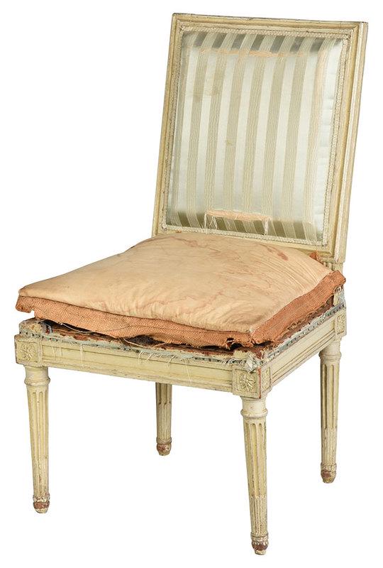 A Signed Louis XVI Carved and Painted Side Chair: stamped signature "G. Jacob" (Georges Jacob, French, 1739-1814), and branded cipher "AB", the rear rail set with an early label "Monseigneur Le Duc de / Peintiere du Chateau d'Amboise / Cabinet", carv