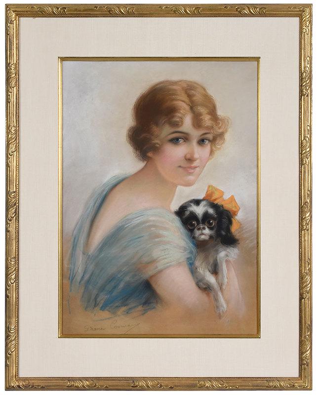 Diana Coomans: (Belgian,ÿ1861-1952)Portrait of a Young Woman with a Pekinese Dog, signed lower left "Diana Coomans", pastel on paper, 22-1/2 x 16-1/8 in.; gilt wood frame, 31-3/4 x 25-1/4 in.Provenance: Apple & Car