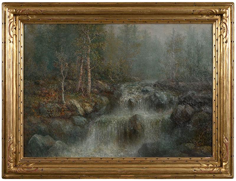 John Olson Hammerstad: (Illinois/Norway, 1842-1925)Forest Interior, signed lower right "JHammerstad", oil on canvas, 20 x 28 in.; period Newcomb-Macklin carved gilt wood frame, 25-3/4 x 33-3/4 in.Provenance: Private Florida
