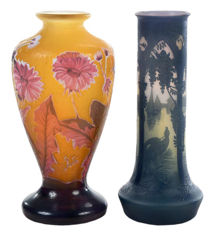 DeVez and Galle Cameo Art Glass Vases: French, late 19th/early 20th century, cylindrical vase in yellow and blue color overlay with etched surface depicting a seascape framed by Gothic arches, signed "deVez", 8 in.; vase in yellow and purp