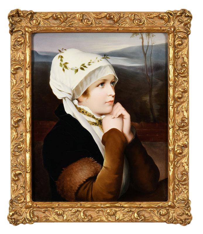 A Fine Berlin K.P.M. Porcelain Plaque: Im Gebetÿ(In Prayer),ÿafterÿFriedrich August von Kaulbachÿ(German, 1850-1920), hand painted porcelain plaque, stamped verso "KPM" with scepter, 11 x 9 in.; carved gilt wood and composition frame,