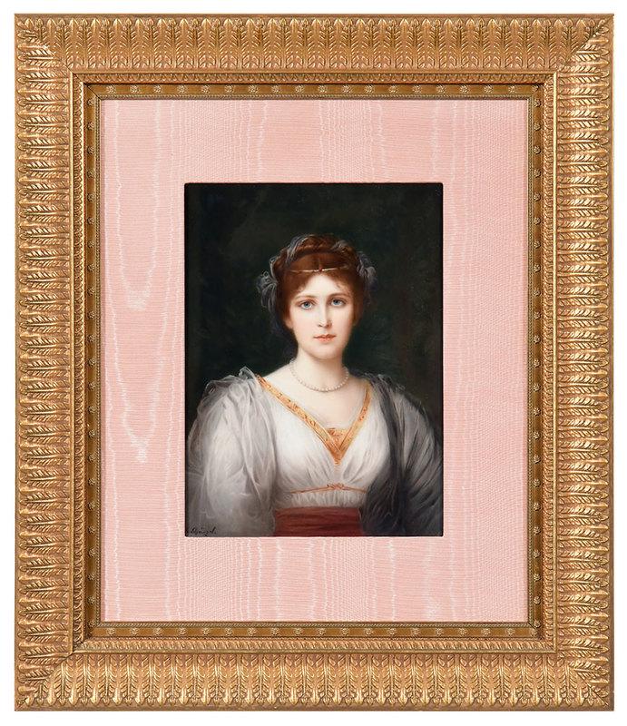 A Fine Berlin K.P.M. Porcelain Plaque: Woman in an Empire Dress, signed lower left "K.ÿSchnzel", hand painted porcelain plaque, stamped verso "KPM" with scepter and numerals, 10-1/4 x 7-5/8 in.; gilt wood and composition frame, 19-3/8 x 1
