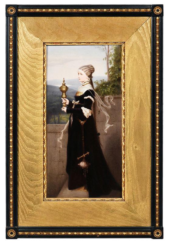 A Fine K.P.M. Porcelain Plaque: Woman Holding a Chalice, stamped verso "KPM" with scepter, hand painted porcelain plaque, 13-1/8 x 7-3/4 in.; ebonized and gilt wood frame, 19-3/8 x 13 in.Provenance: Private Florida Collection