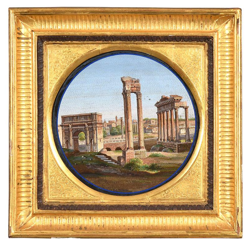 Fine Micromosaic Plaque of Roman Forum: Italian, 19th century, probably Vatican workshop, unsigned, round plaque, view of the Roman forumÿwith the Temple of Vespasian and Titus and the Column of Phocas, black marble surround with applied b