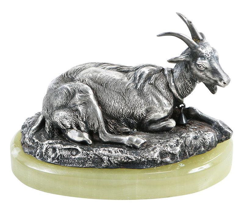 Russian or Russian Style Silver Reclining Goat: Russian style marks, .875 fine, with stone base,ÿ2-1/2 x 3-1/4 x 2 in.Provenance: Private Florida Collection