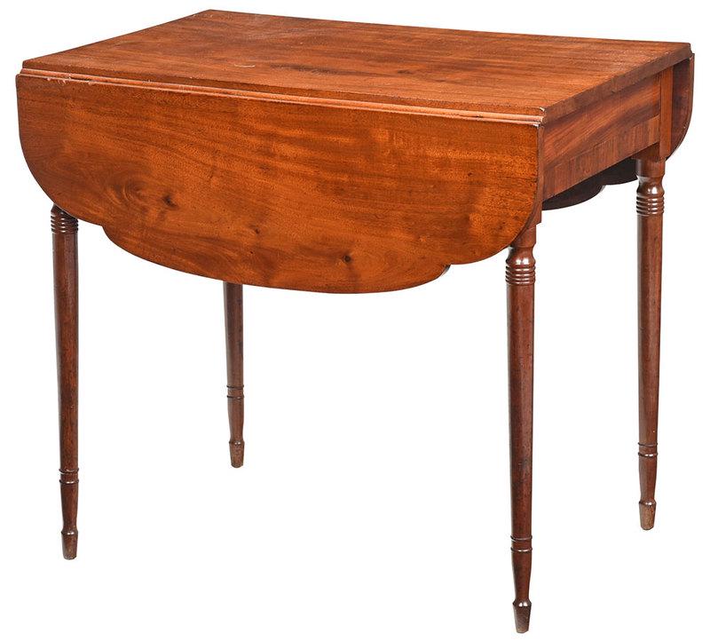 American Federal Figured Mahogany Pembroke Table: New England, circa 1810, figure mahogany with elliptical shaped leaves, banded skirt and turned legs, 29 x 31 x 22 in.; accompanied by copy of invoice from Polk Place Antiques, January 8, 2011 for $2,
