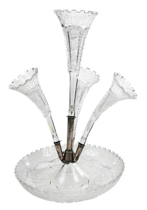 American Brilliant Period Meriden Glass Epergne: alhambra pattern, lily epergne with four horn cups, 16-3/4 in.Note: A Meriden Alhambra epergne in near perfect condition was last sold at Brunk Auctions in July of 2018 for $24,000.ÿNote: A Meriden A