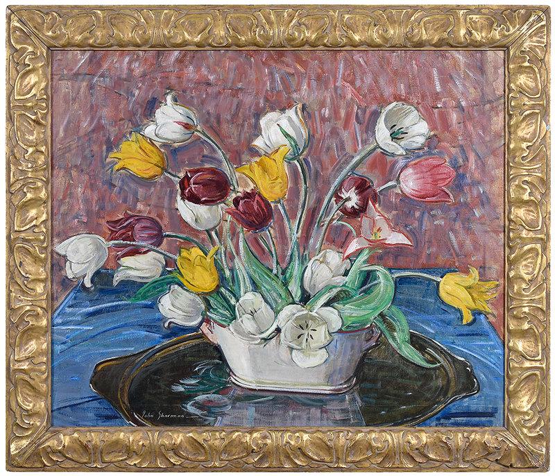 John Sharman: (Massachusetts, 1879-1971)Still Life with Tulips, signed lower left "John Sharman", oil on canvas, 30-1/4 x 36-1/4; fine period carved gilt wood and composition frame, 36-1/4ÿ x 42-1/4 in.