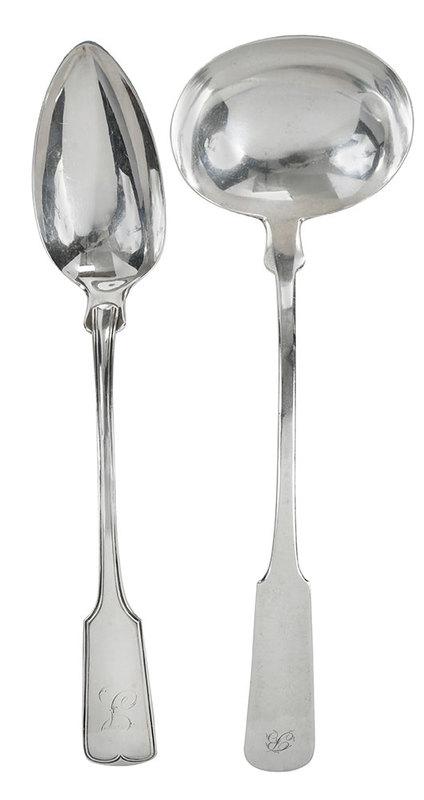 Marquand Coin Silver Ladle and Serving Spoon: American, mid 19th century, both fiddle handle: stuffing spoon with thread decoration and ladle, both with monograms and marked "FM" with pseudo hallmarks (Fredrick Marquand, Savannah, Georgia, workin