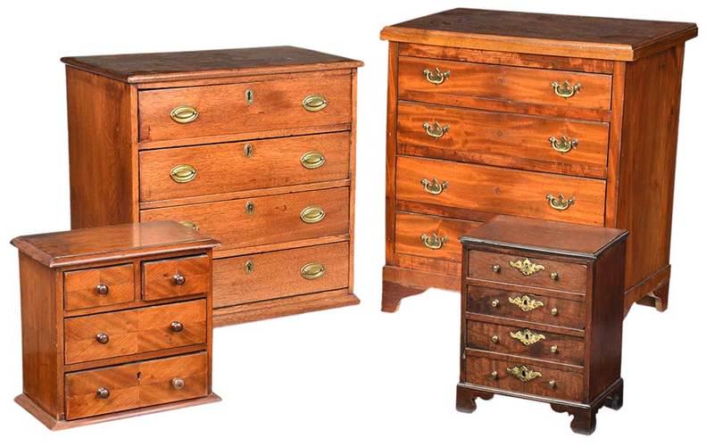 Collection of Four Mahogany Miniature Chests: 18th through 20th century, comprising a fine late 18th century example with batwing escutcheons, dovetail drawer with red cedar secondary; example with two over two drawers, book matched veneers, prob
