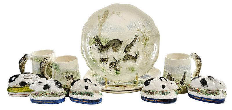 11 Majolica and Staffordshire Rabbit Ceramics: British/French, early 20th century, three French Majolica plates with rabbit decoration, two with labels for "Sally Good Antiques", marked "Patented Dec 4th 1900/Higgins & Seiter/New-York/Made in Fran