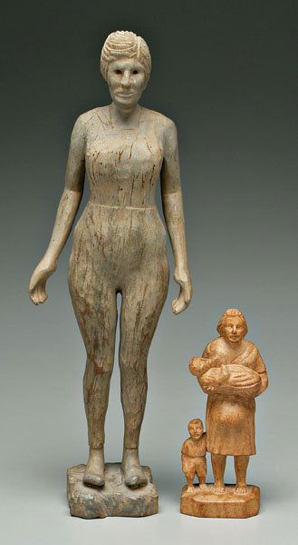 Two Clarence Stringfield wood carvings: (Tennessee, 1903-1976): gray-painted woman, signed "C. Stringfield, 16-1/4 in., [wear to paint;] pregnant woman with a nursing baby and a toddler, unsigned, 7 in., [good condition,] with letter of aut