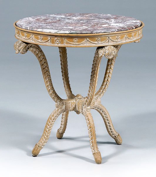 Carved beechwood marble-top table,