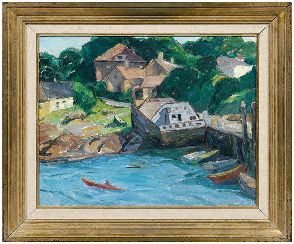 Nellie Augusta Knopf painting: (Illinois/California, 1875-1962), "Sheltered Harbor, Pigeon Cove, Mass" (titled verso), signed lower right "Knopf" and verso "N.A. Knopf", oil on canvas board, 15-7/8 x 20 in.; modern gilt wood frame.