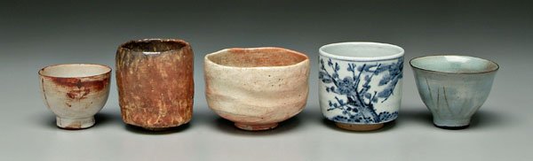 Five pottery tea bowls,