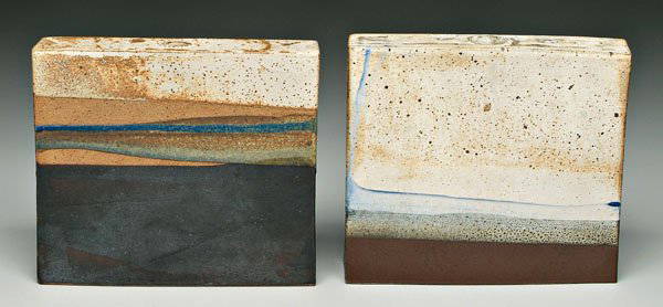 Two Wyman pottery book vases: (William Wyman, American, 1922-1980): one with speckled brown glaze with runny blue highlights, base marked "Wyman 70", 9-1/8 x 10-1/4 x 2 in., [body slightly warped as fired;] one with bands of brown
