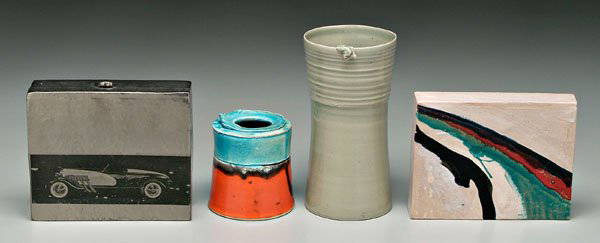 Four pottery vessels, William Wyman: (American, 1922-1980): one rectangular with flowing polychrome decoration, base marked "Wyman, 72", no spout or hole, 5-3/4 x 7-1/4 x 1-1/4 in., [large star crack on one side]; one rectangular with me