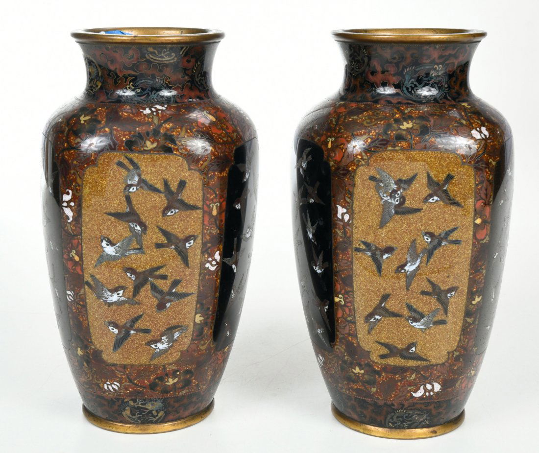Pair of Japanese Cloisonne Vases with Gold Stone: probably Meiji period, five sided vases with panels depicting sparrows, decorated throughout with flowers, scrolling vines, and dragons, gold stone highlights, red brown enamel ground, green enameled